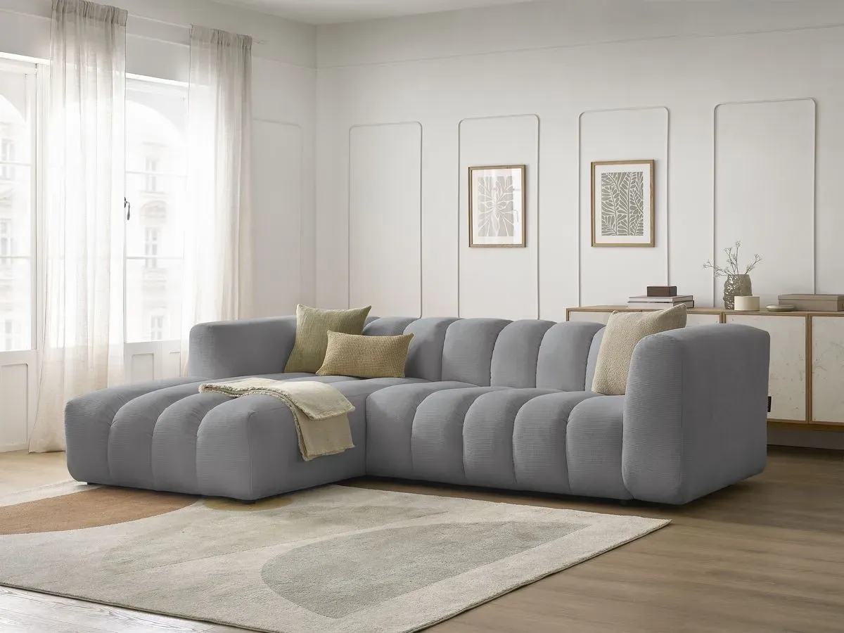 Canapé d'angle fixe TALIA tissu chiné gris clair  angle gauche BOBOCHIC 3 places