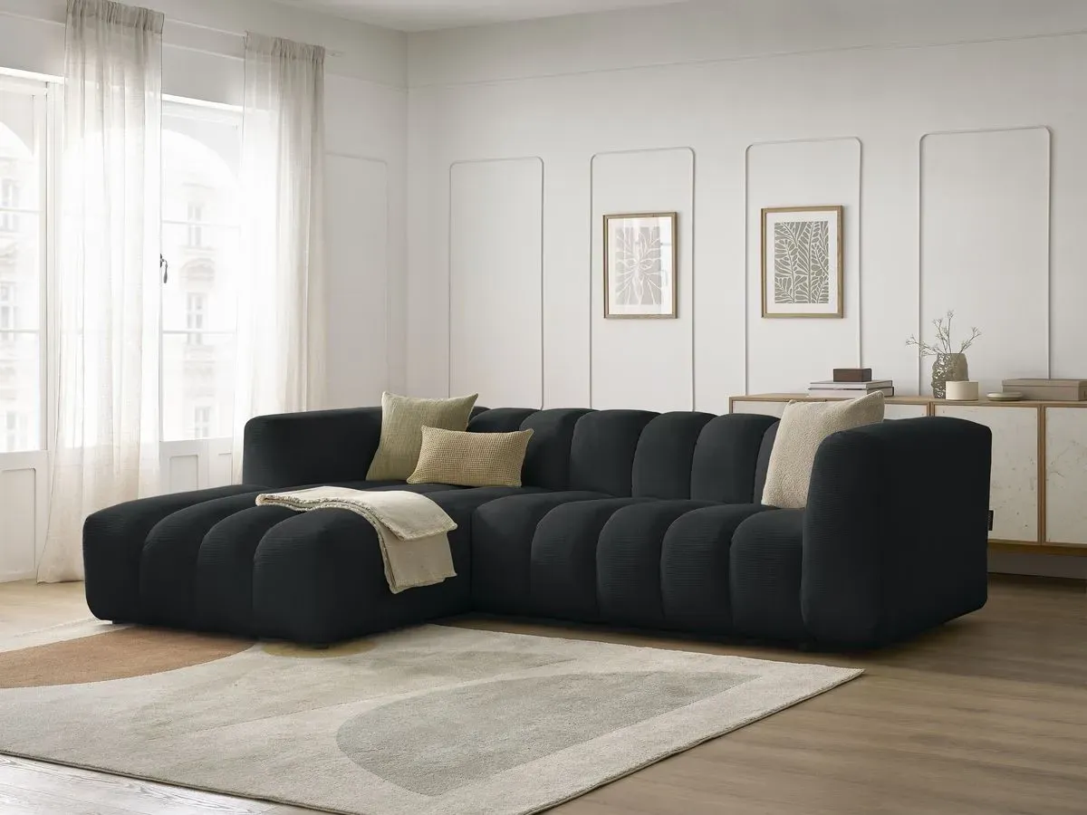 Canapé d'angle fixe TALIA tissu chiné noir  angle gauche BOBOCHIC 3 places