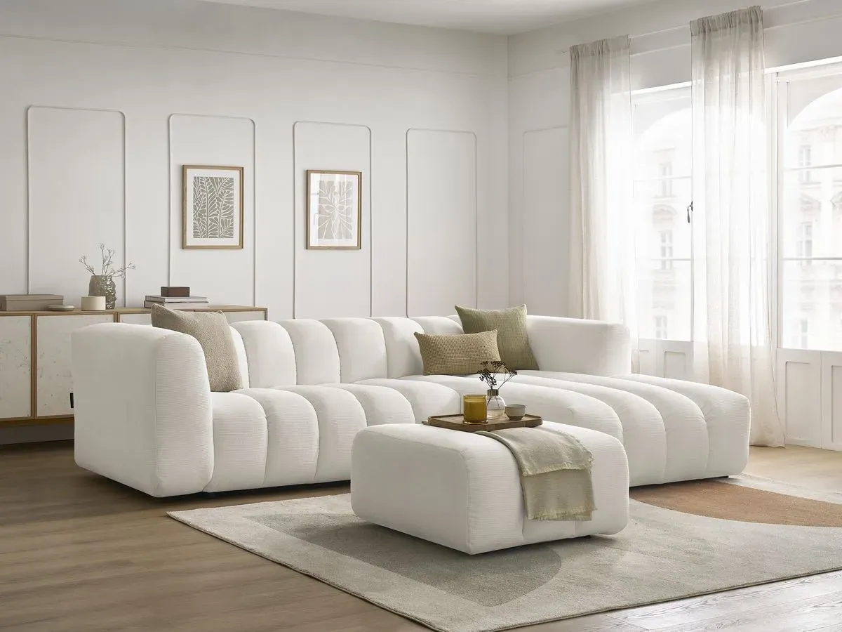 Canapé d'angle fixe TALIA tissu chiné avec pouf blanc  angle droit BOBOCHIC 4 places