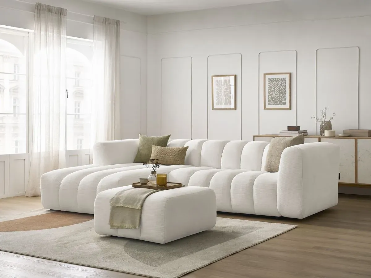 Canapé d'angle fixe TALIA tissu chiné avec pouf blanc  angle gauche BOBOCHIC 4 places