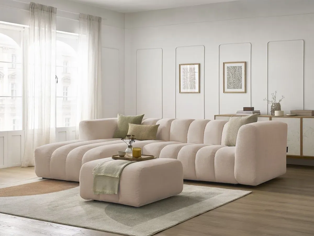 Canapé d'angle fixe TALIA tissu chiné avec pouf beige  angle gauche BOBOCHIC 4 places