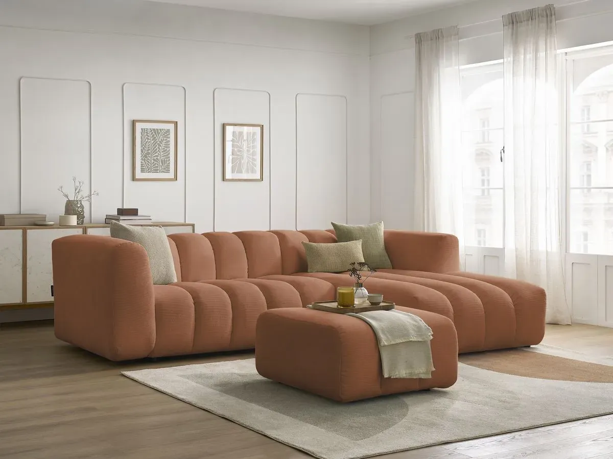 Canapé d'angle fixe TALIA tissu chiné avec pouf orange  angle droit BOBOCHIC 4 places