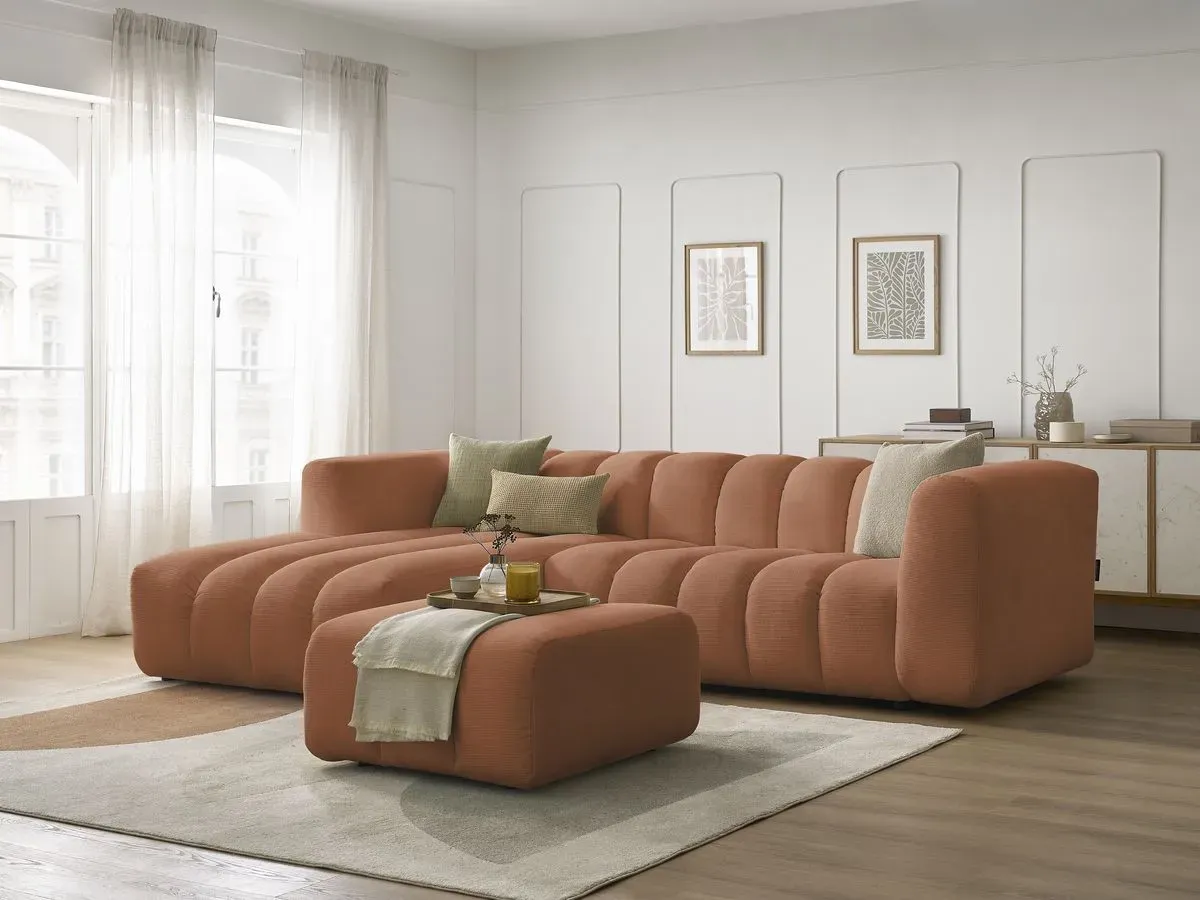 Canapé d'angle fixe TALIA tissu chiné avec pouf orange  angle gauche BOBOCHIC 4 places