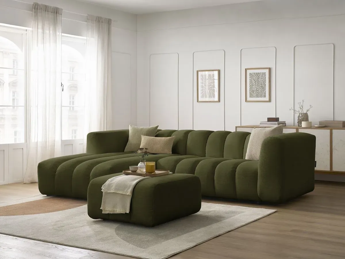 Canapé d'angle fixe TALIA tissu chiné avec pouf vert  angle gauche BOBOCHIC 4 places