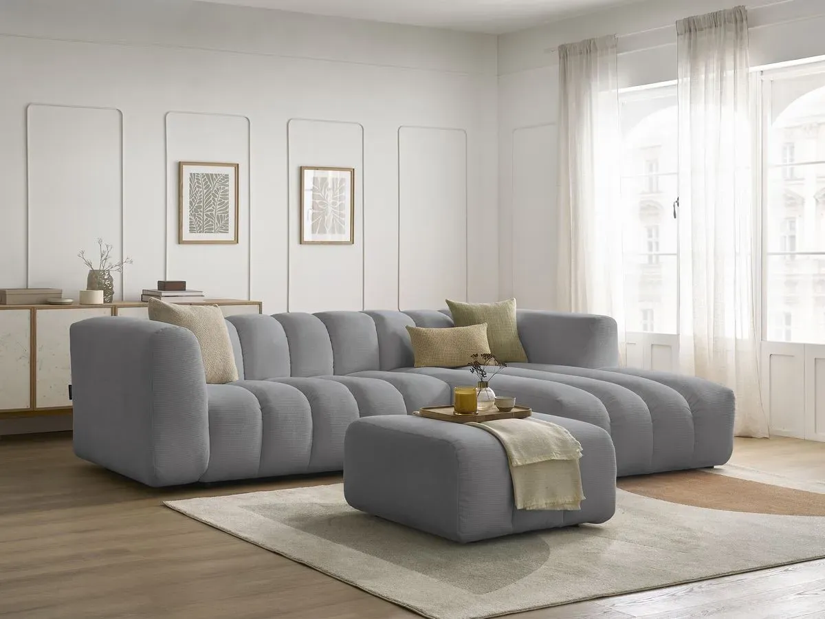 Canapé d'angle fixe TALIA tissu chiné avec pouf gris clair  angle droit BOBOCHIC 4 places