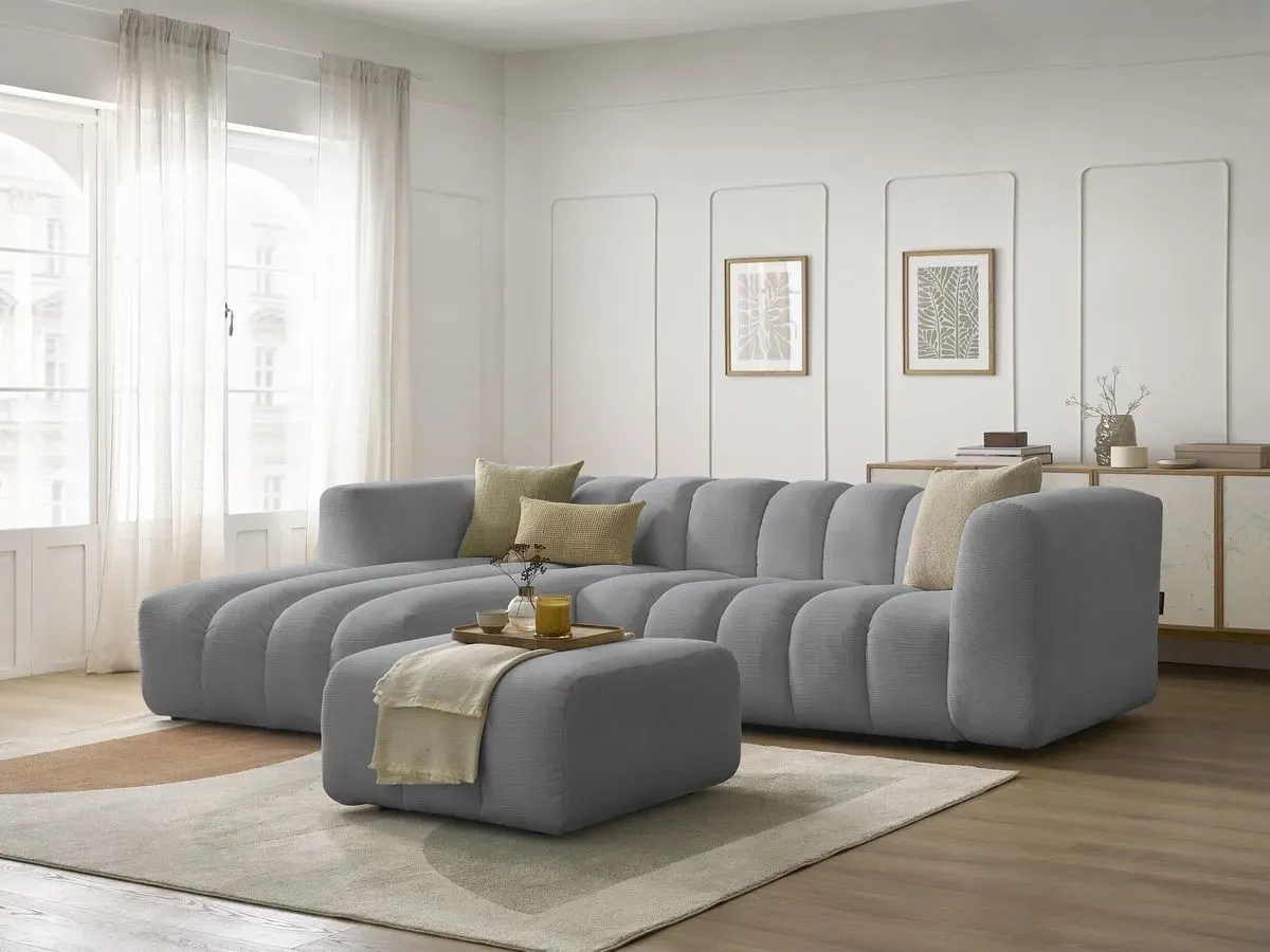 Canapé d'angle fixe TALIA tissu chiné avec pouf gris clair  angle gauche BOBOCHIC 4 places