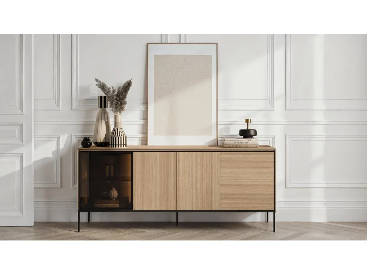 Buffet 3 portes 2 tiroirs 200 cm VERONA effet chêne et verre fumé avec LEDS    BOBOCHIC