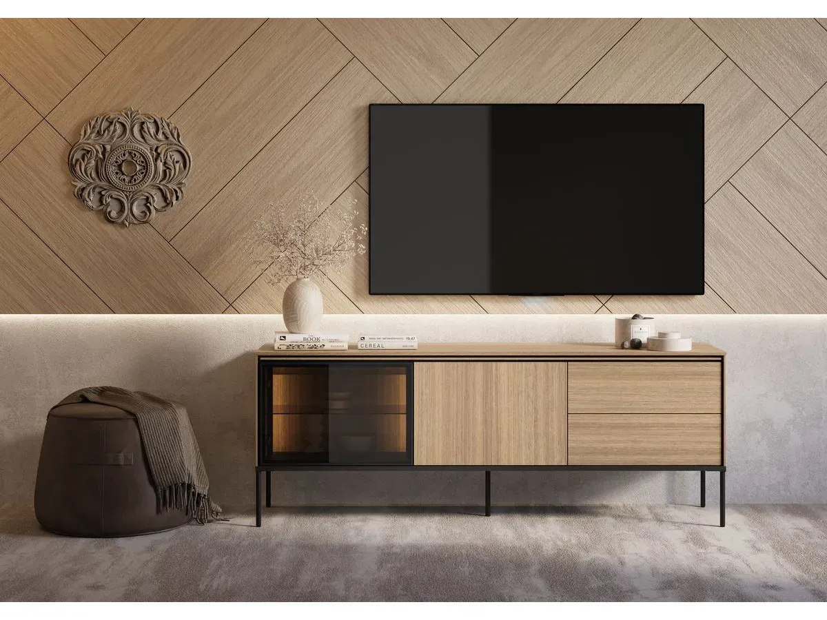 Meuble TV 2 portes 2 tiroirs 167 cm VERONA effet chêne et verre fumé avec LEDS    BOBOCHIC