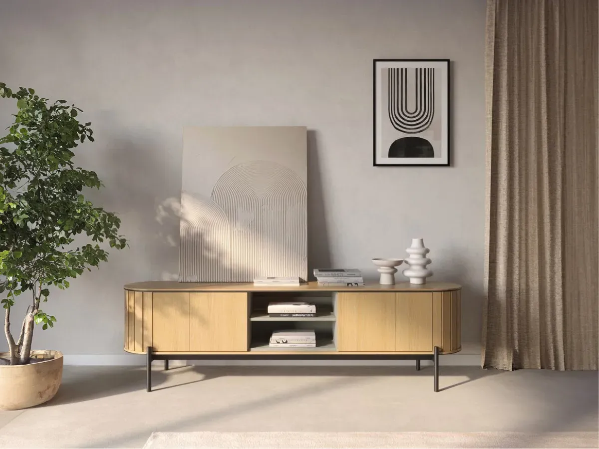 Meuble TV arrondi 2 portes 200 cm AMBOISE couleur chêne    BOBOCHIC