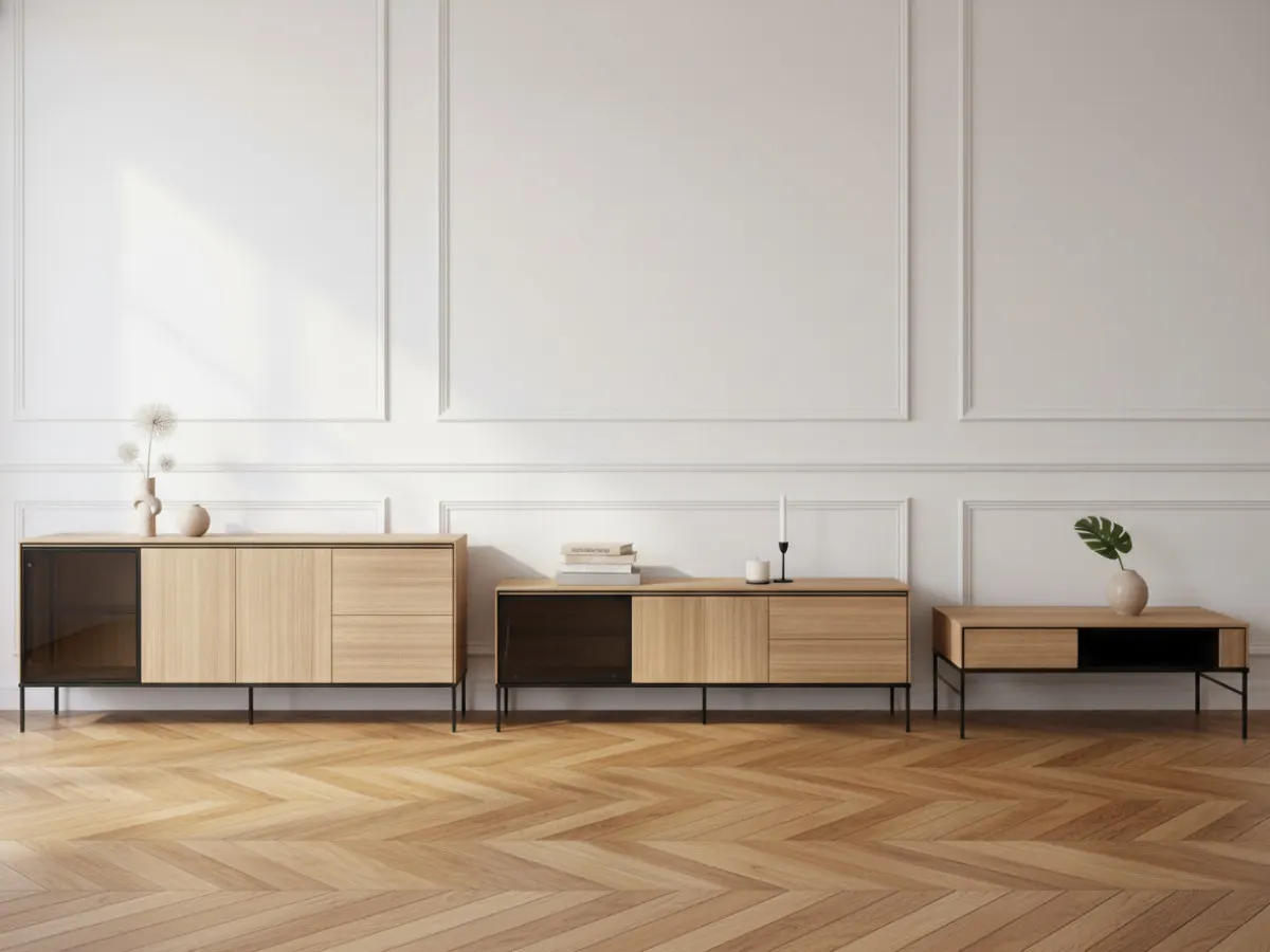 Ensemble VERONA avec buffet 167 cm + meuble TV 167 cm + table basse effet chêne et verre fumé avec LEDS    BOBOCHIC