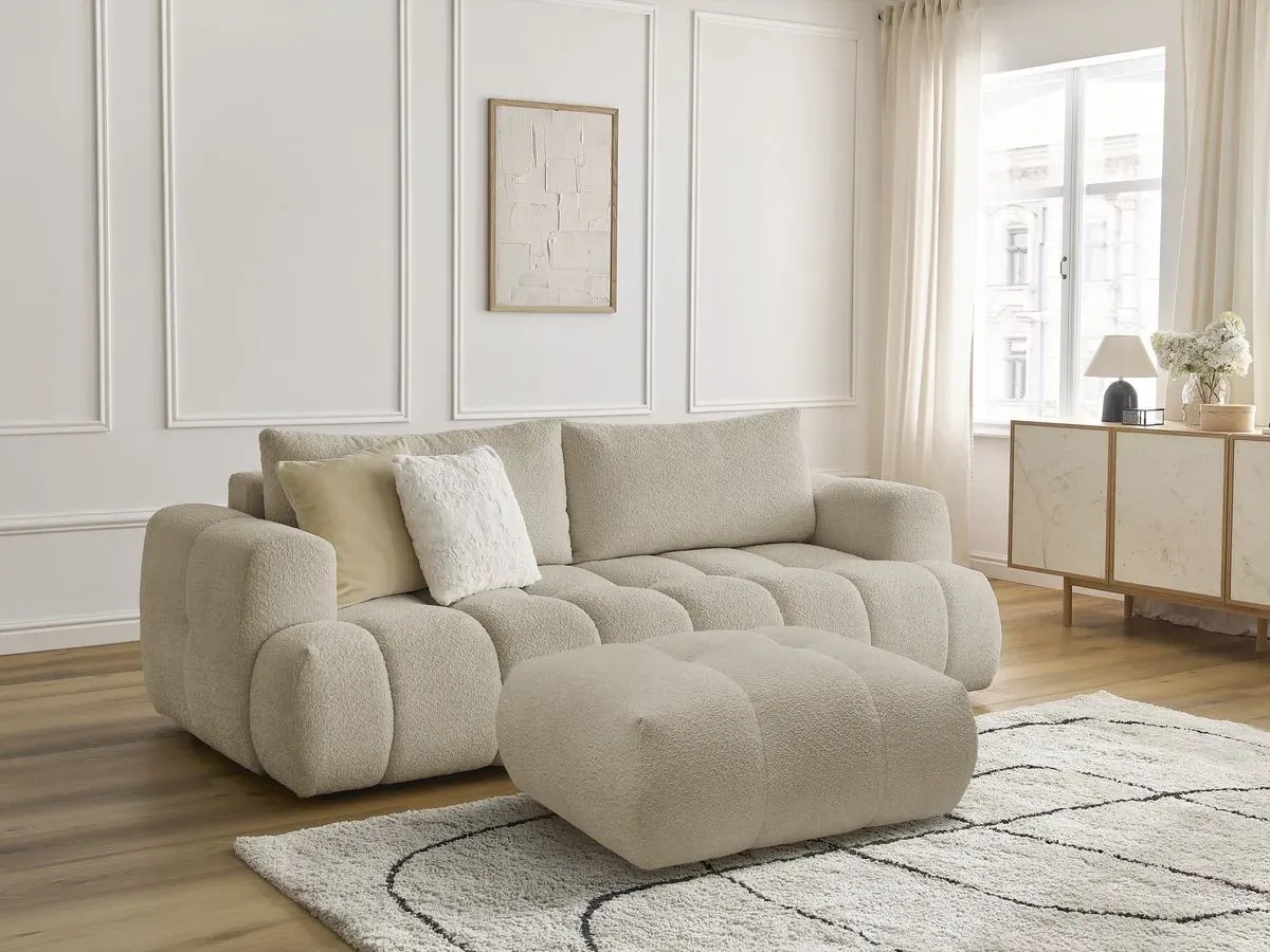 Canapé droit convertible 3 places FUJI tissu bouclette avec pouf beige   BOBOCHIC