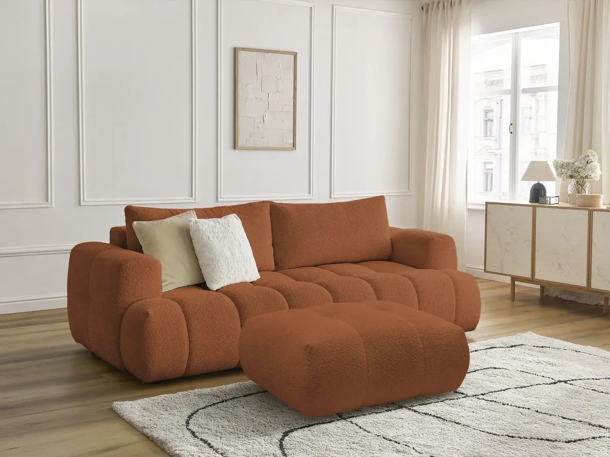 Canapé droit convertible 3 places FUJI tissu bouclette avec pouf orange   BOBOCHIC