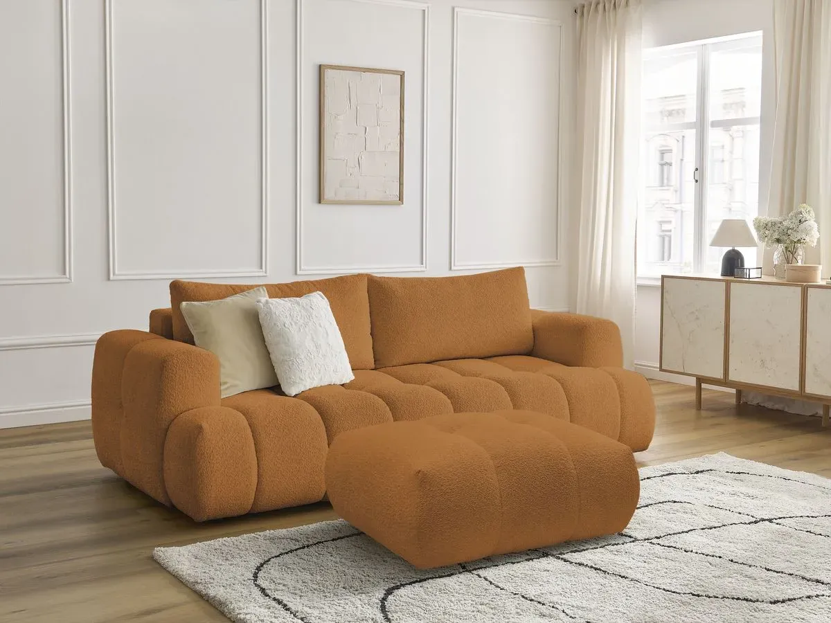 Canapé droit convertible 3 places FUJI tissu bouclette avec pouf jaune   BOBOCHIC