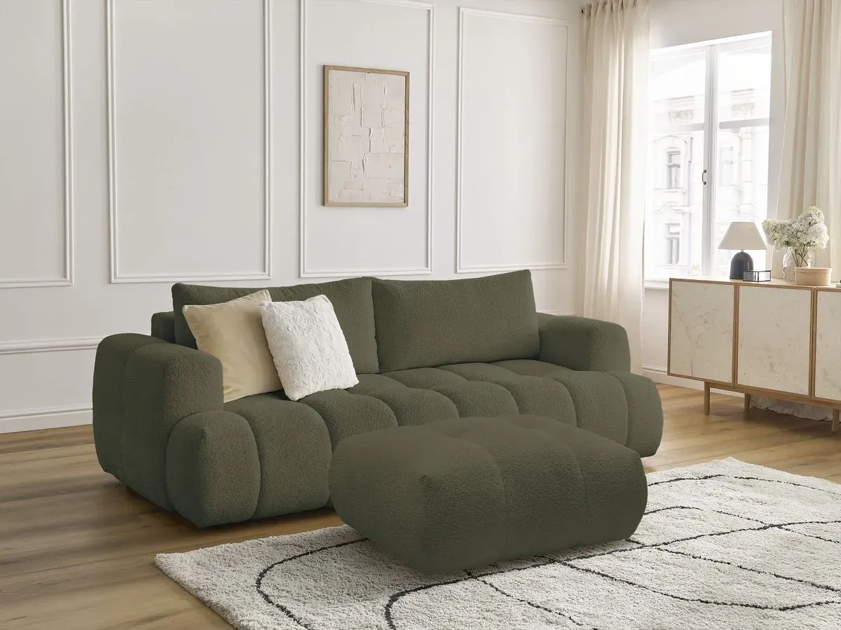 Canapé droit convertible 3 places FUJI tissu bouclette avec pouf vert   BOBOCHIC