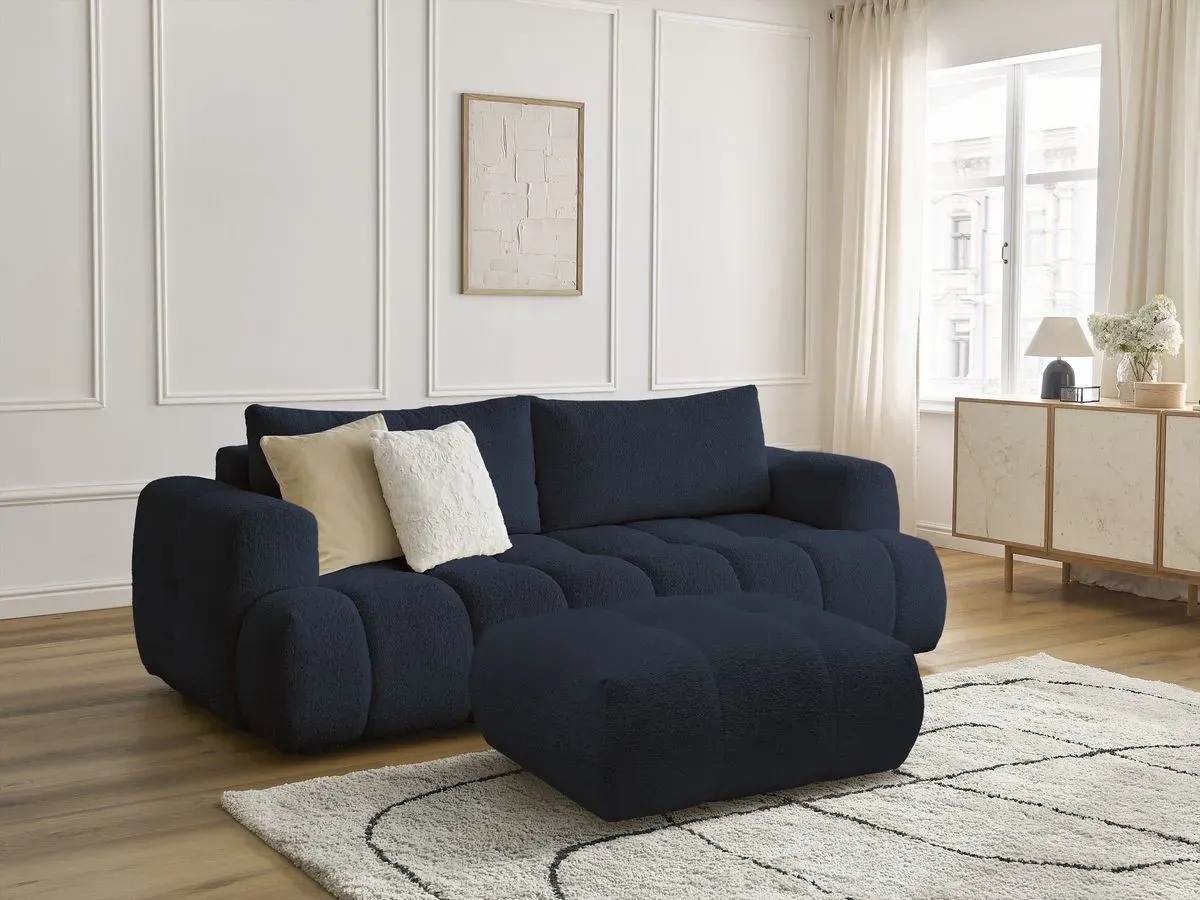 Canapé droit convertible 3 places FUJI tissu bouclette avec pouf bleu foncé   BOBOCHIC