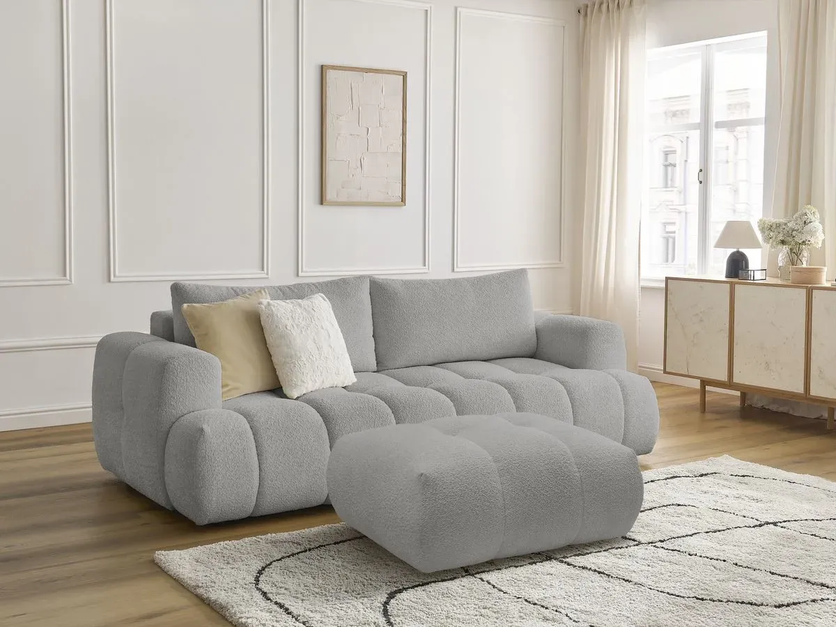 Canapé droit convertible 3 places FUJI tissu bouclette avec pouf gris clair   BOBOCHIC