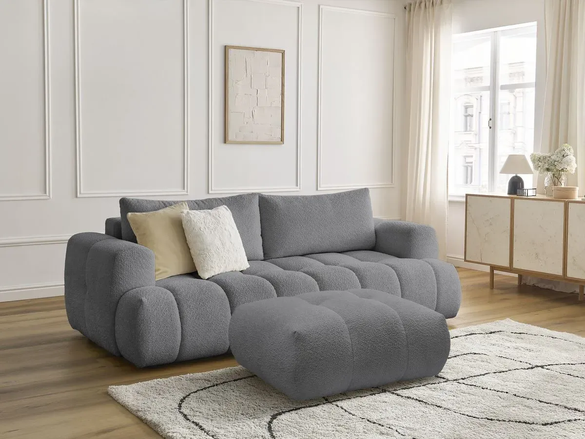 Canapé droit convertible 3 places FUJI tissu bouclette avec pouf gris foncé   BOBOCHIC