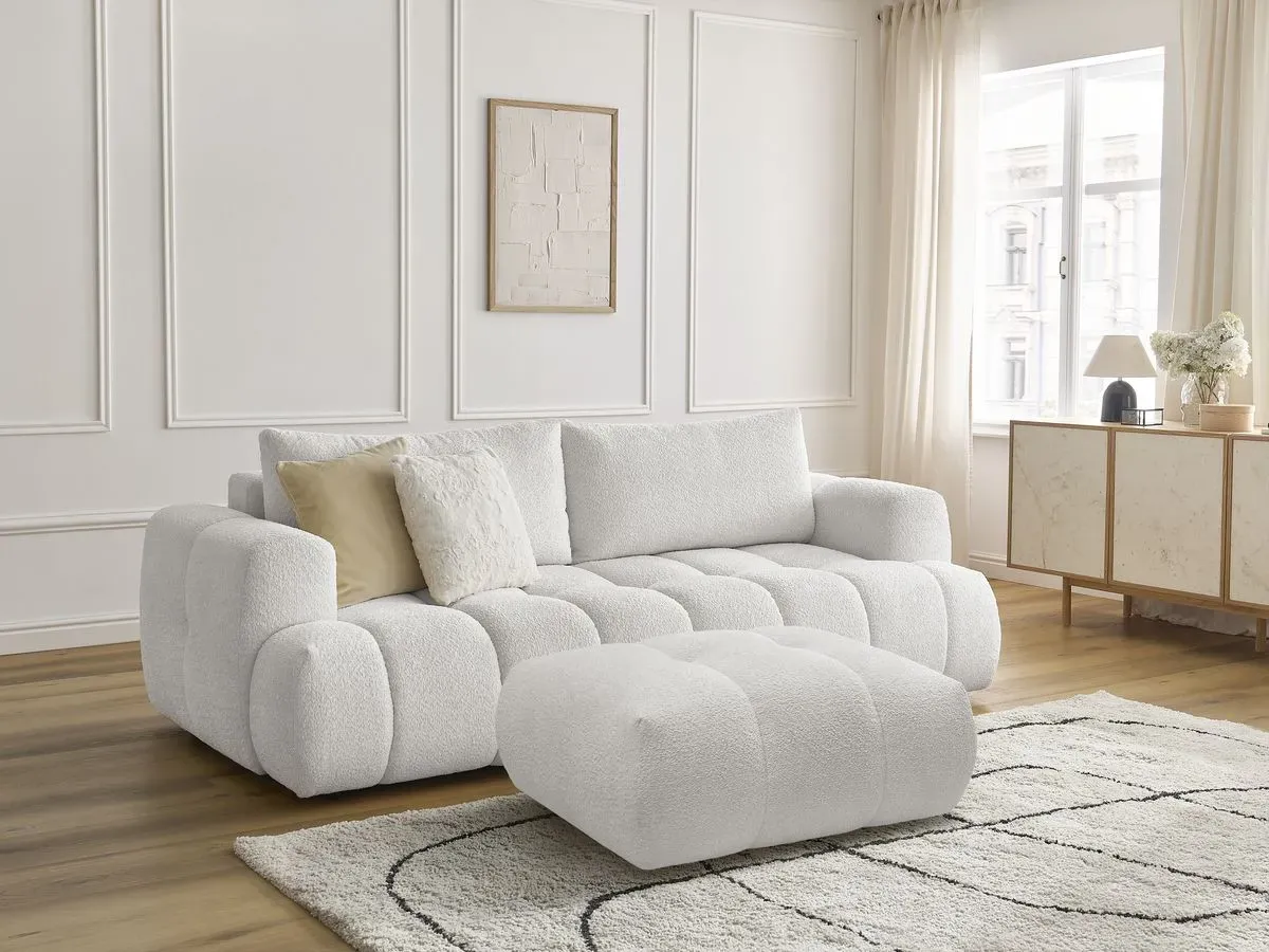 Canapé droit convertible 3 places FUJI tissu bouclette avec pouf blanc   BOBOCHIC