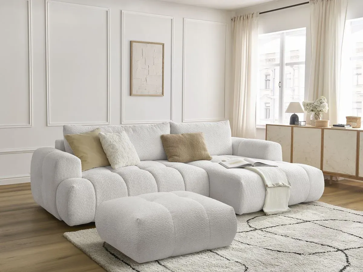 Canapé d'angle convertible FUJI tissu bouclette avec pouf blanc  angle droit BOBOCHIC 3 places