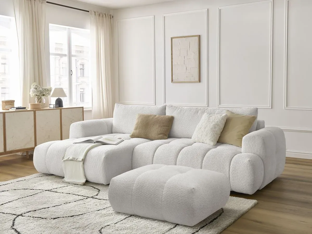 Canapé d'angle convertible FUJI tissu bouclette avec pouf blanc  angle gauche BOBOCHIC 3 places