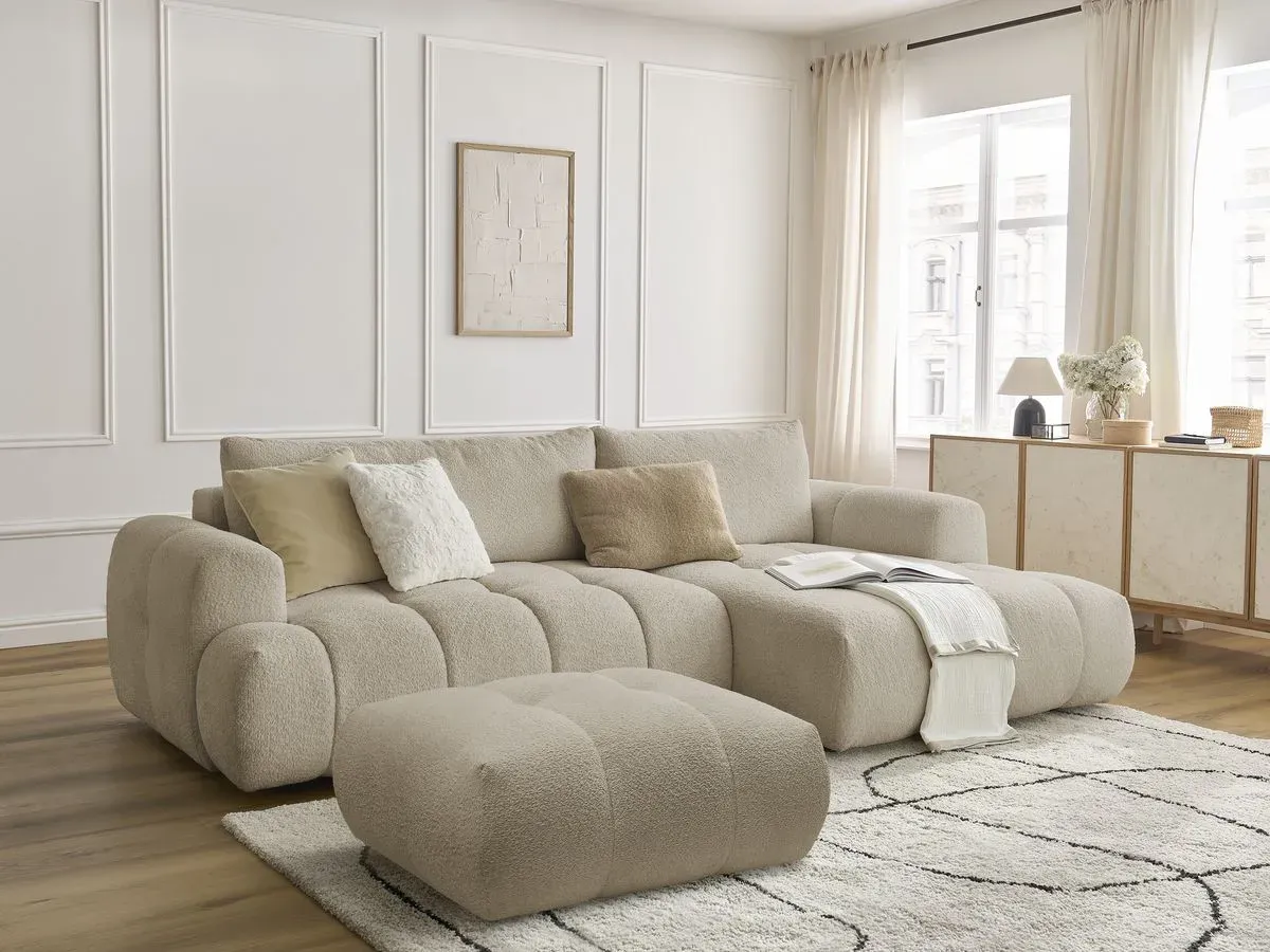 Canapé d'angle convertible FUJI tissu bouclette avec pouf beige  angle droit BOBOCHIC 3 places