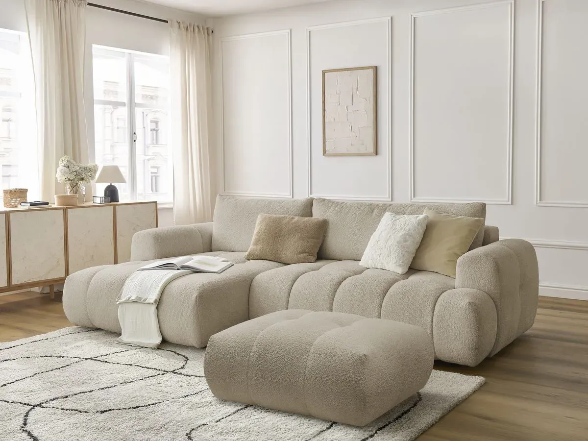 Canapé d'angle convertible FUJI tissu bouclette avec pouf beige  angle gauche BOBOCHIC 3 places