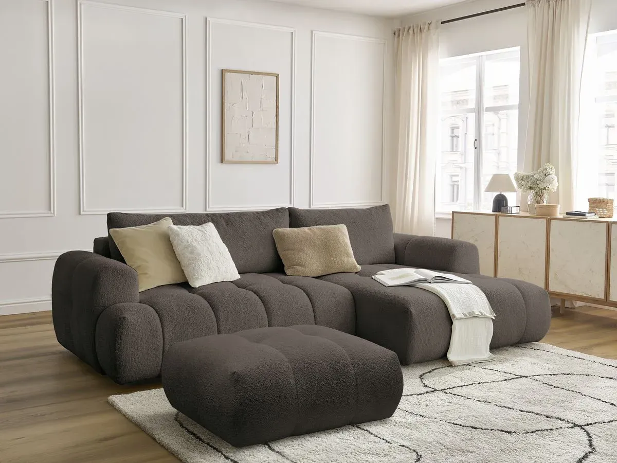 Canapé d'angle convertible FUJI tissu bouclette avec pouf marron  angle droit BOBOCHIC 3 places