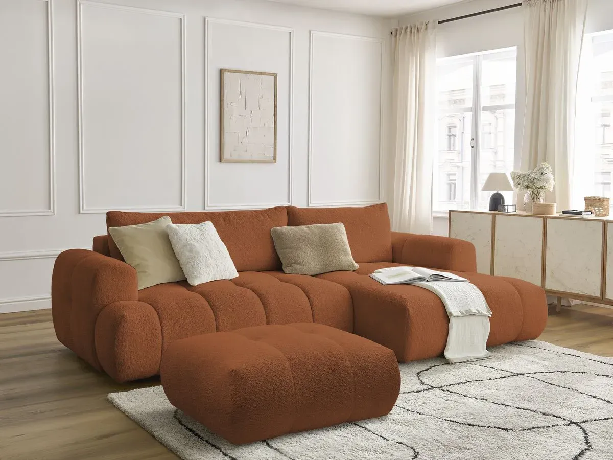 Canapé d'angle convertible FUJI tissu bouclette avec pouf orange  angle droit BOBOCHIC 3 places