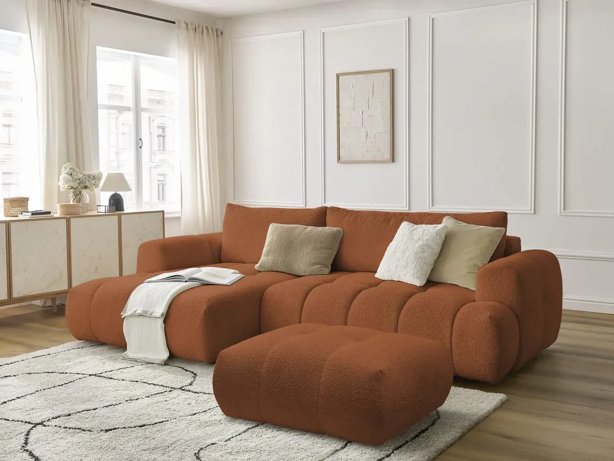 Canapé d'angle convertible FUJI tissu bouclette avec pouf orange  angle gauche BOBOCHIC 3 places