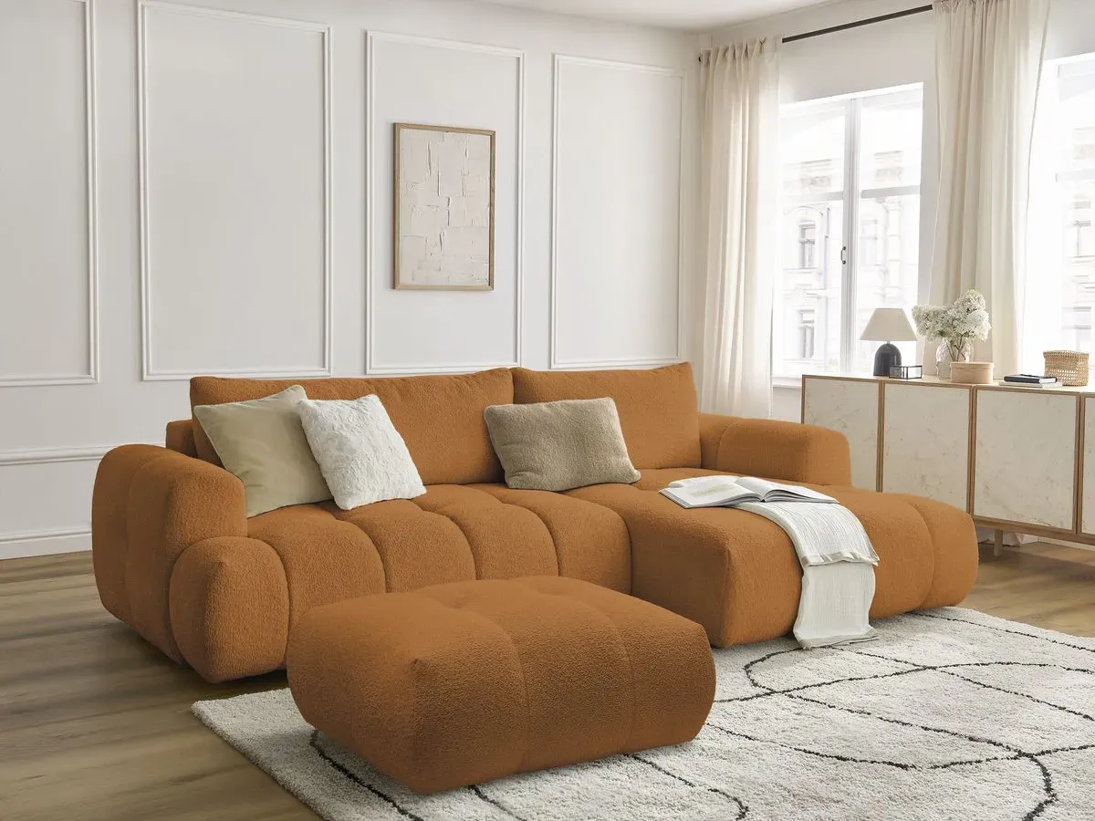 Canapé d'angle convertible FUJI tissu bouclette avec pouf jaune  angle droit BOBOCHIC 3 places