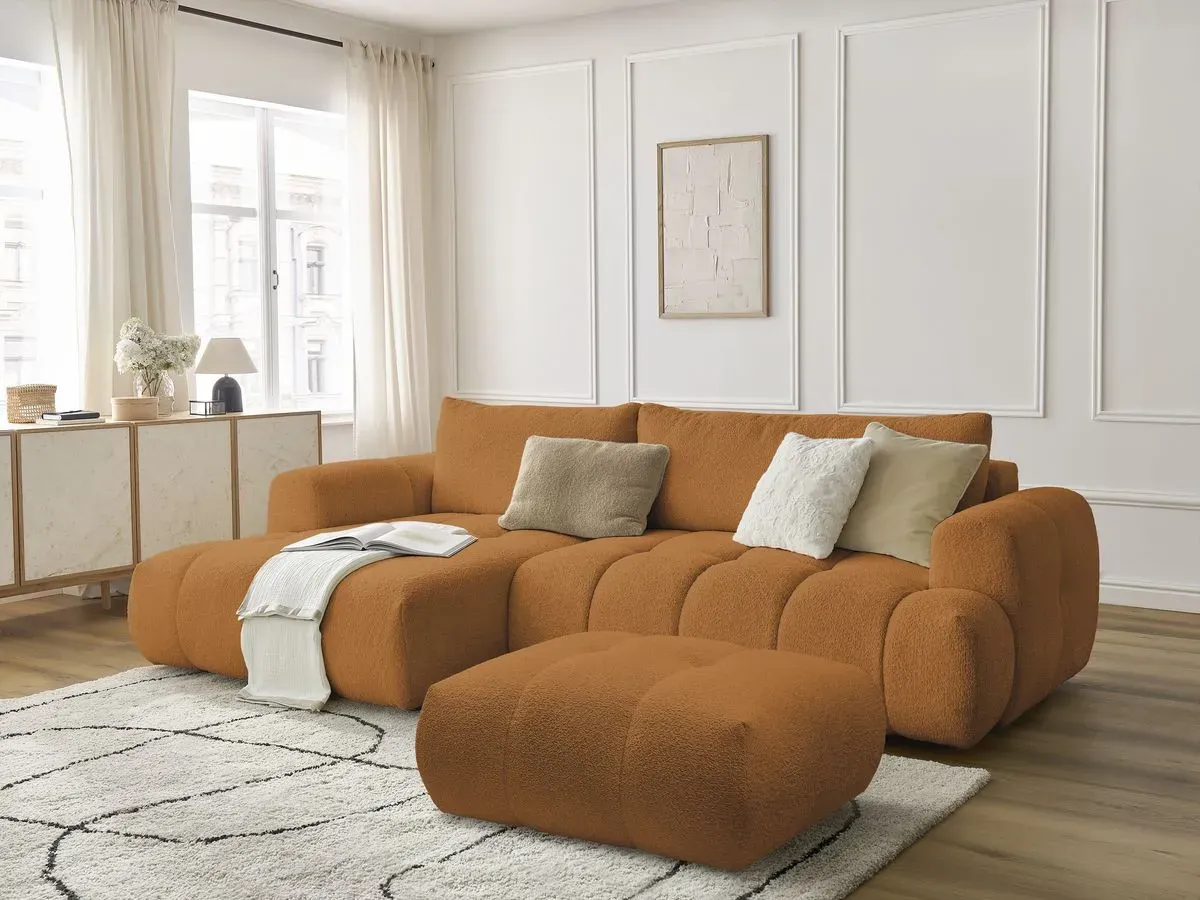 Canapé d'angle convertible FUJI tissu bouclette avec pouf jaune  angle gauche BOBOCHIC 3 places