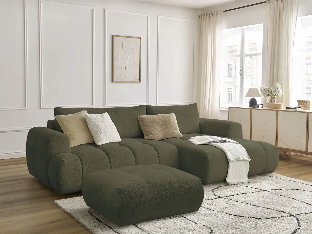 Canapé d'angle convertible FUJI tissu bouclette avec pouf vert  angle droit BOBOCHIC 3 places