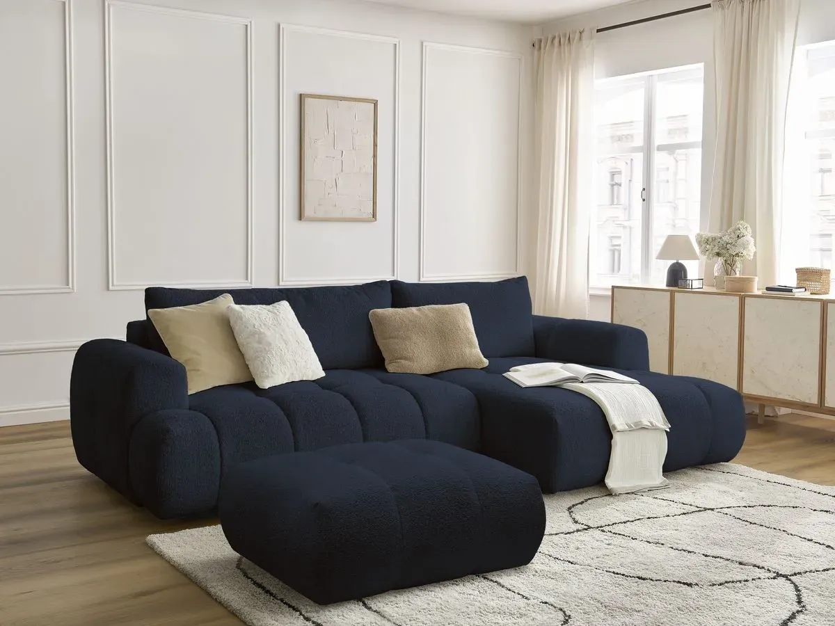 Canapé d'angle convertible FUJI tissu bouclette avec pouf bleu foncé  angle droit BOBOCHIC 3 places