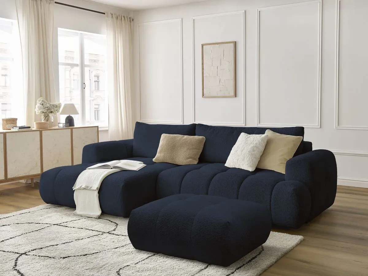 Canapé d'angle convertible FUJI tissu bouclette avec pouf bleu foncé  angle gauche BOBOCHIC 3 places