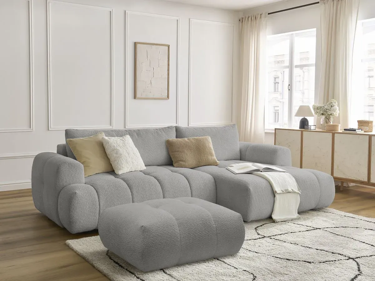 Canapé d'angle convertible FUJI tissu bouclette avec pouf gris clair  angle droit BOBOCHIC 3 places