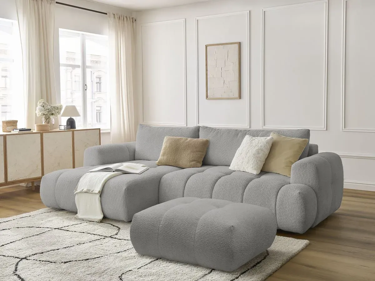 Canapé d'angle convertible FUJI tissu bouclette avec pouf gris clair  angle gauche BOBOCHIC 3 places