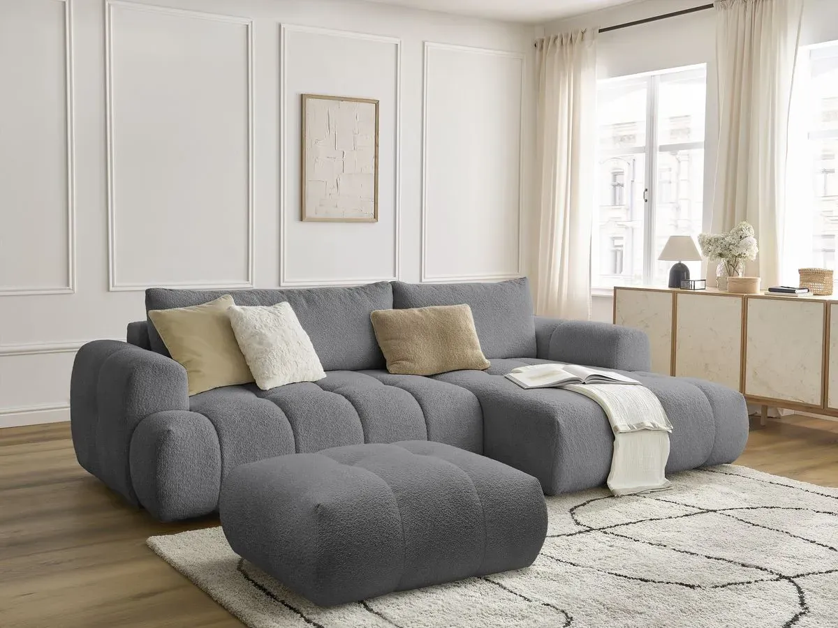 Canapé d'angle convertible FUJI tissu bouclette avec pouf gris foncé  angle droit BOBOCHIC 3 places