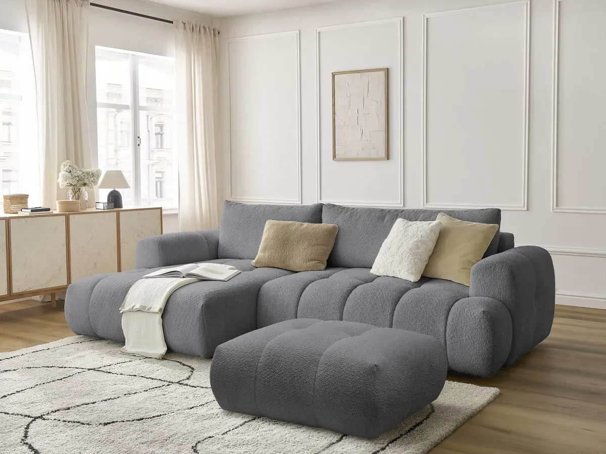 Canapé d'angle convertible FUJI tissu bouclette avec pouf gris foncé  angle gauche BOBOCHIC 3 places