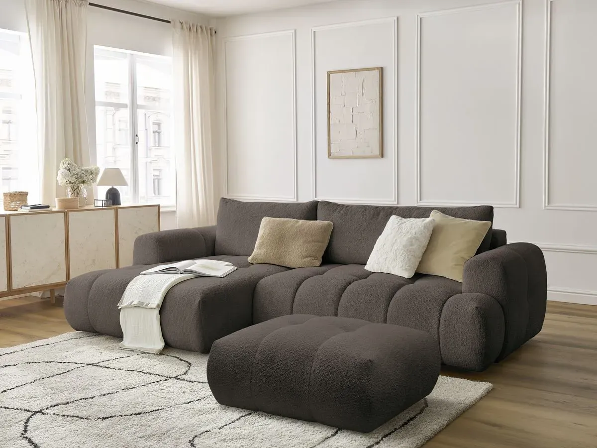 Canapé d'angle convertible FUJI tissu bouclette avec pouf marron  angle gauche BOBOCHIC 3 places