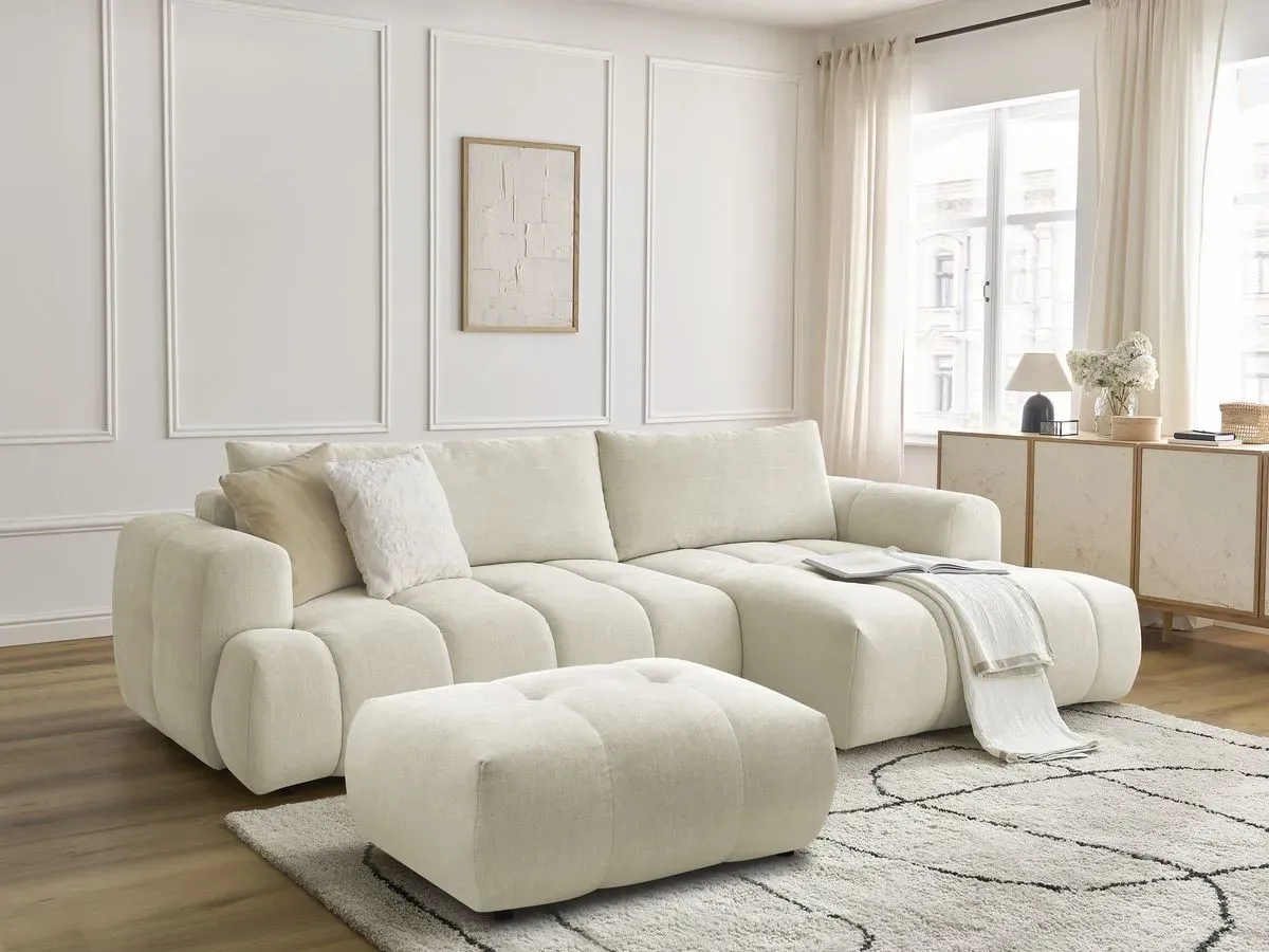 Canapé d'angle convertible FUJI tissu lisse avec pouf beige  angle droit BOBOCHIC 3 places