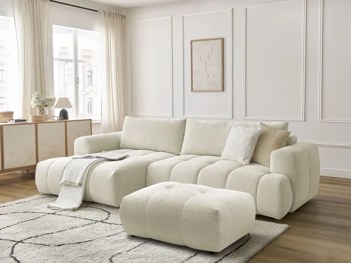 Canapé d'angle convertible FUJI tissu lisse avec pouf beige  angle gauche BOBOCHIC 3 places