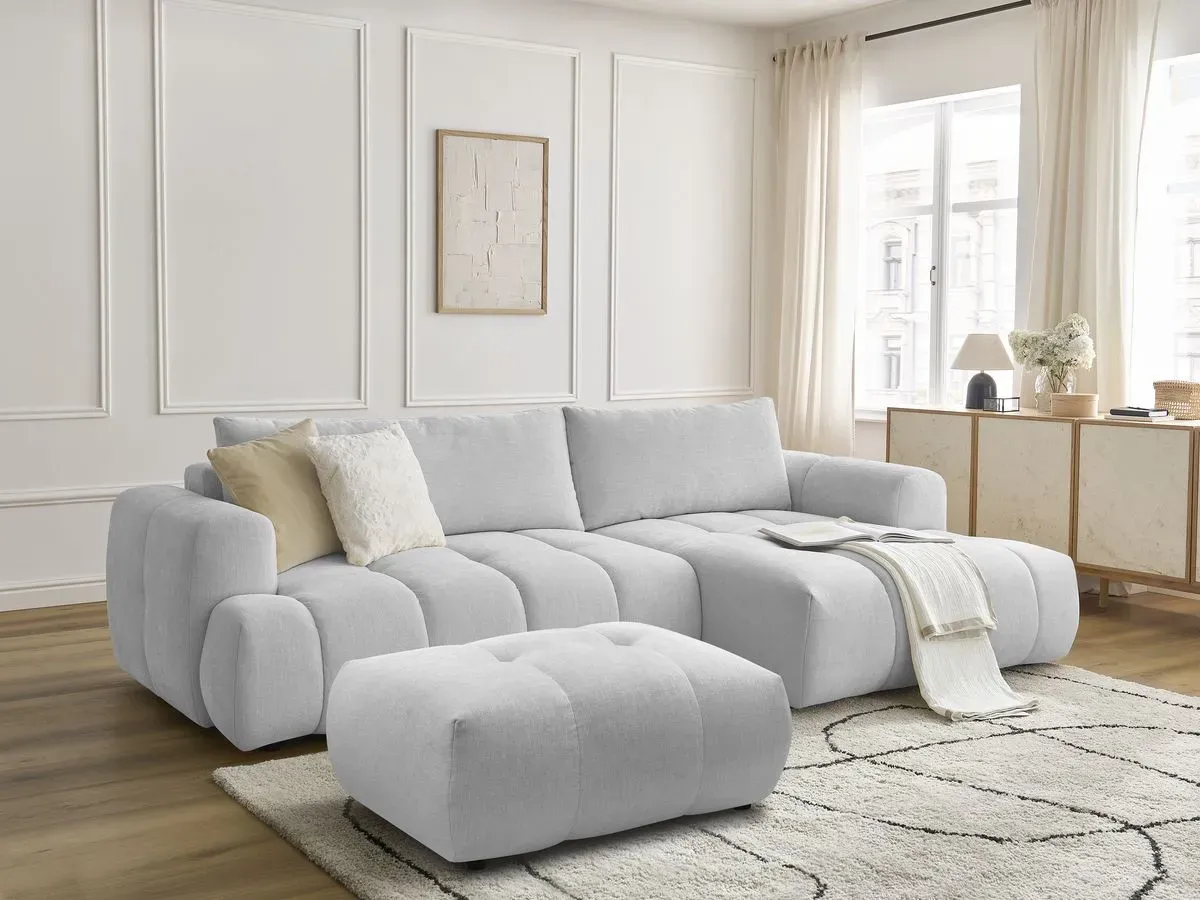 Canapé d'angle convertible FUJI tissu lisse avec pouf gris clair  angle droit BOBOCHIC 3 places