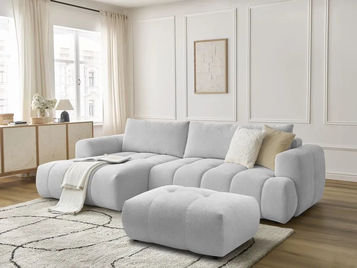 Canapé d'angle convertible FUJI tissu lisse avec pouf gris clair  angle gauche BOBOCHIC 3 places