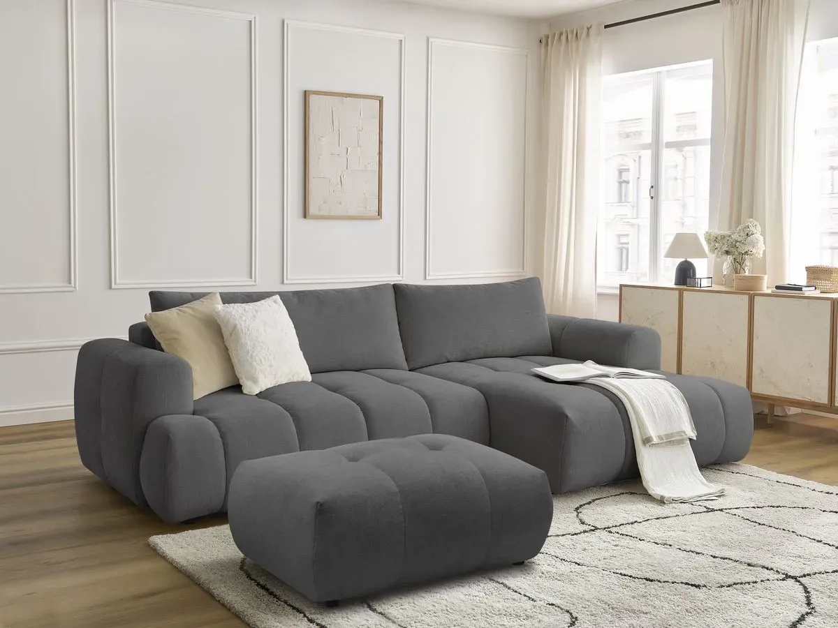 Canapé d'angle convertible FUJI tissu lisse avec pouf gris foncé  angle droit BOBOCHIC 3 places