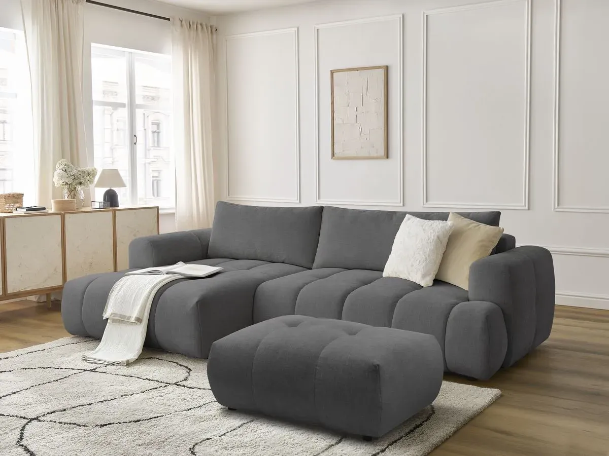 Canapé d'angle convertible FUJI tissu lisse avec pouf gris foncé  angle gauche BOBOCHIC 3 places