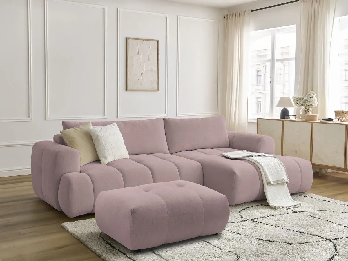 Canapé d'angle convertible FUJI tissu lisse avec pouf rose  angle droit BOBOCHIC 3 places