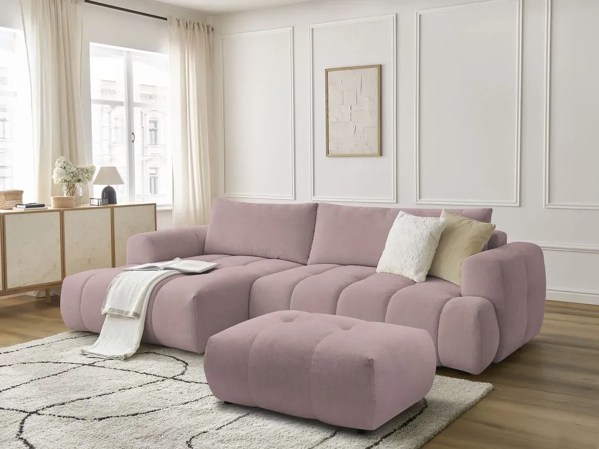 Canapé d'angle convertible FUJI tissu lisse avec pouf rose  angle gauche BOBOCHIC 3 places