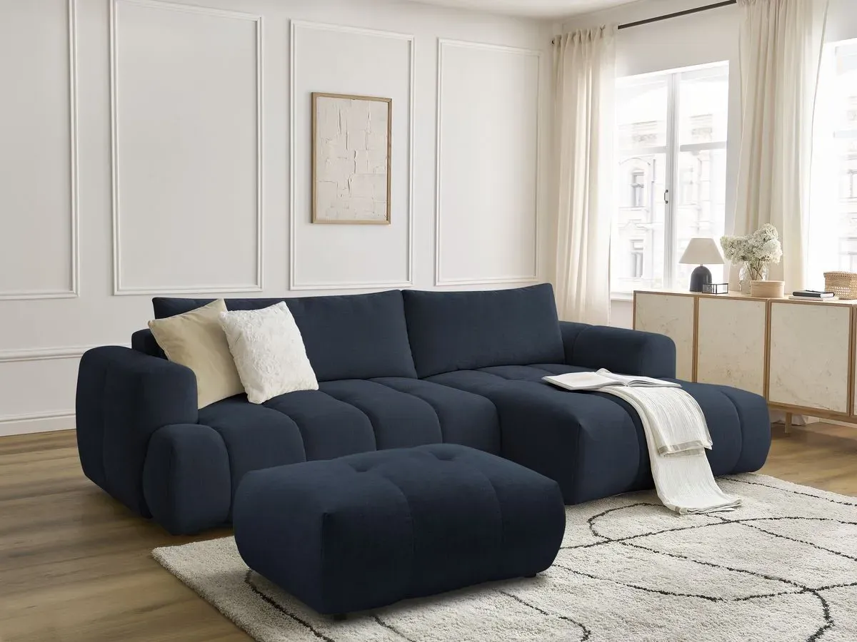 Canapé d'angle convertible FUJI tissu lisse avec pouf bleu foncé  angle droit BOBOCHIC 3 places