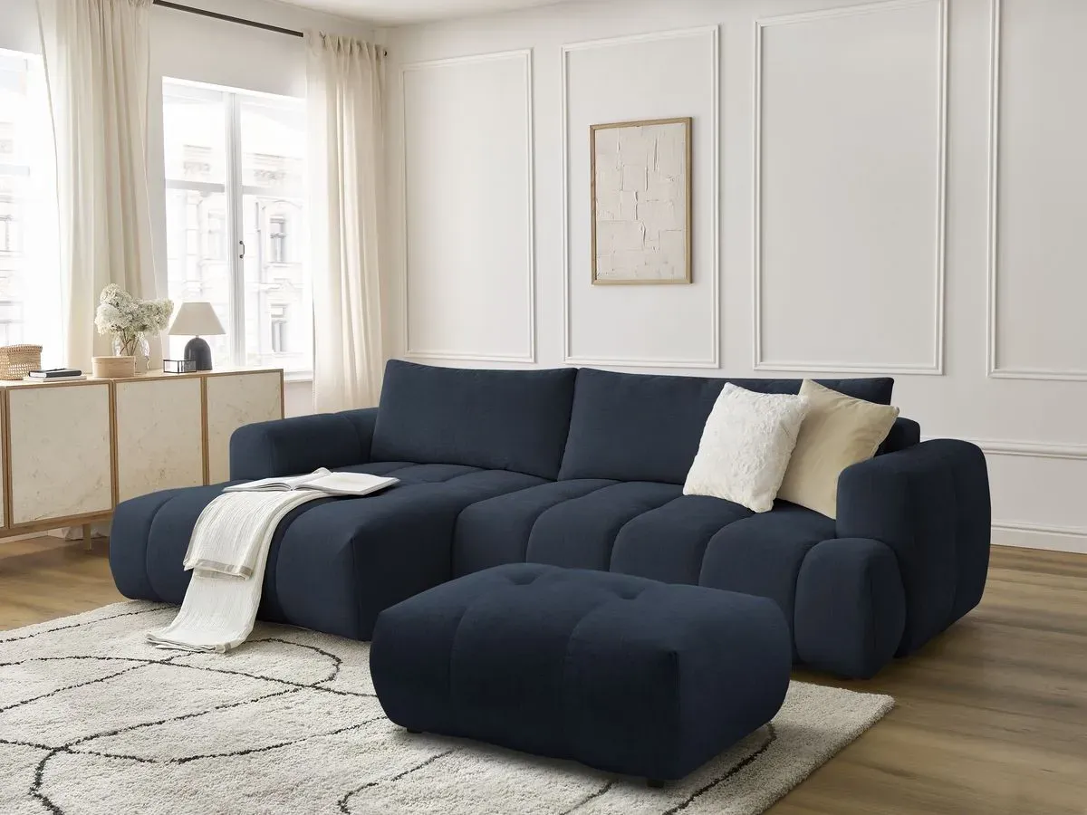 Canapé d'angle convertible FUJI tissu lisse avec pouf bleu foncé  angle gauche BOBOCHIC 3 places