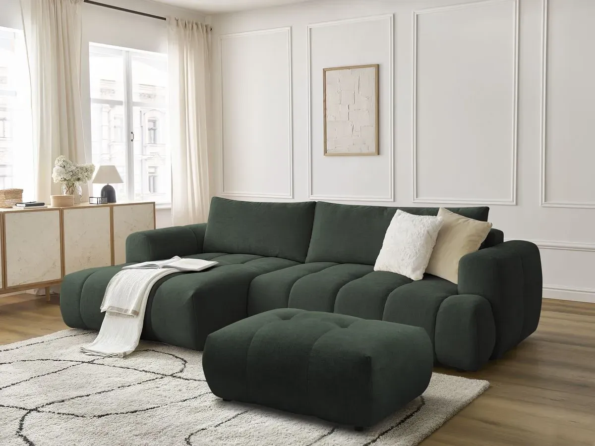 Canapé d'angle convertible FUJI tissu lisse avec pouf vert  angle gauche BOBOCHIC 3 places